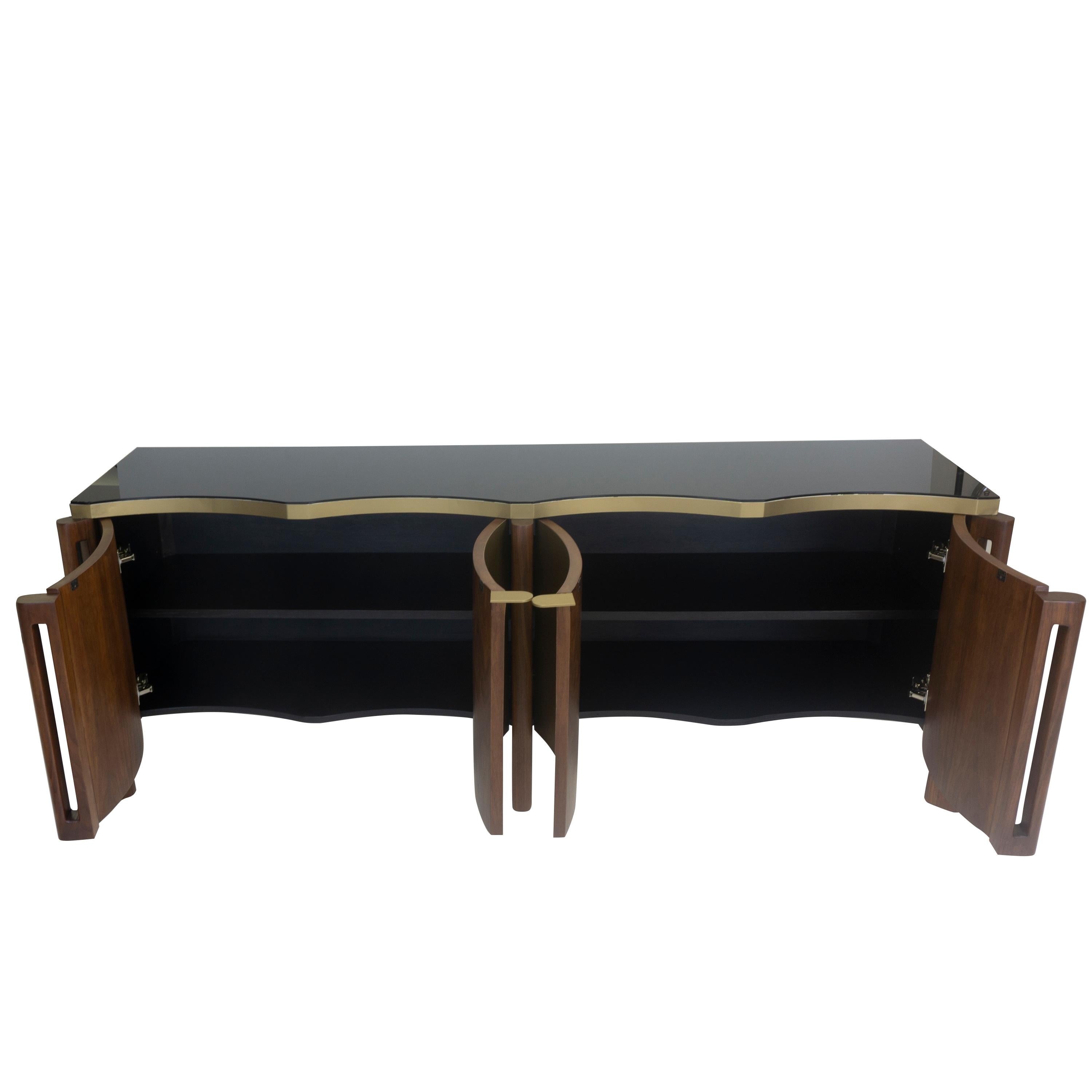 American Modern Buffet Table with Glass Top and Scalloped Edge For Sale