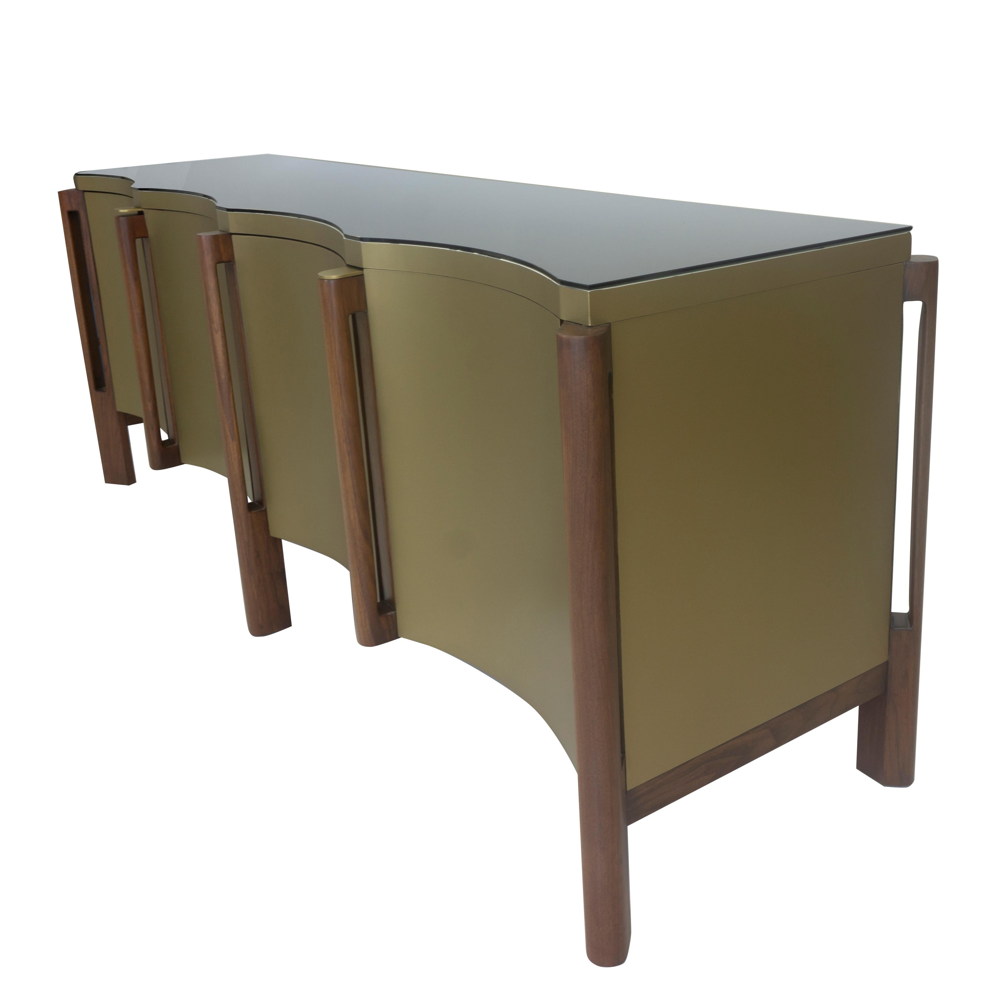 Brass Modern Buffet Table with Glass Top and Scalloped Edge For Sale