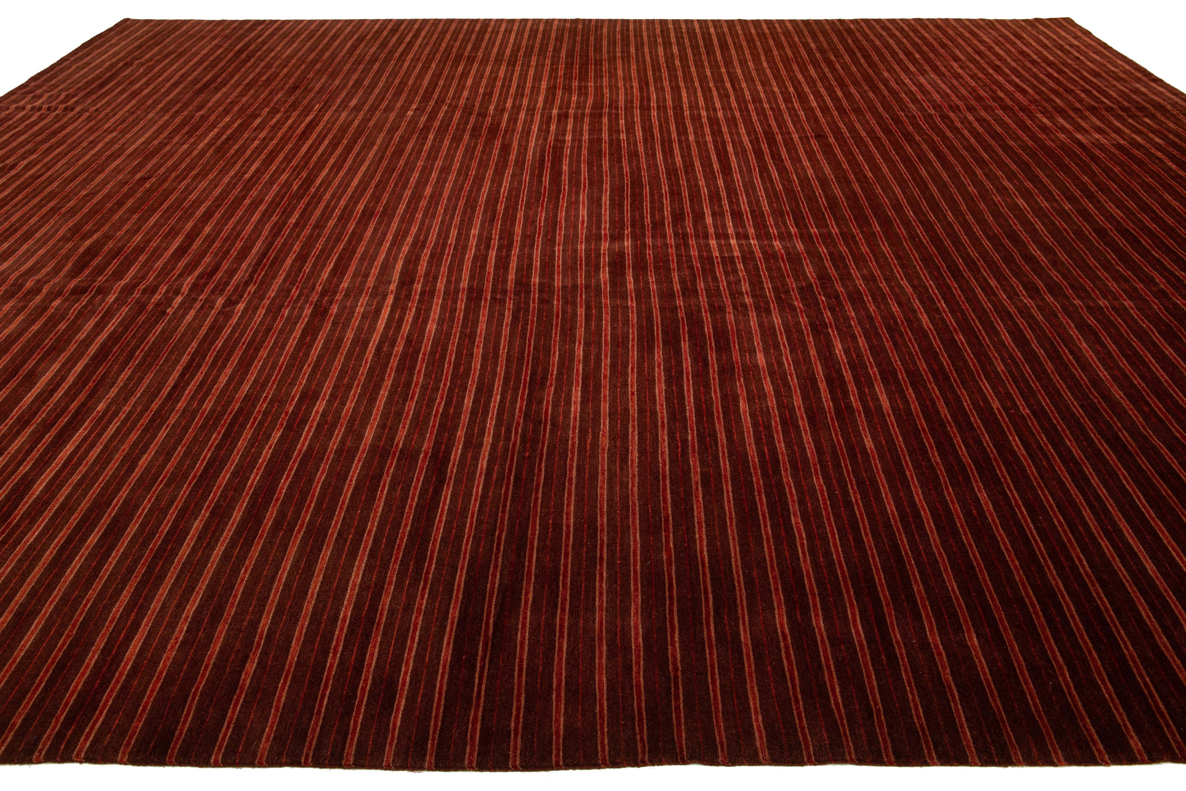 Hand-Knotted Modern Burgundy Tibetan Wool & Silk Rug With Stiped Pattern For Sale