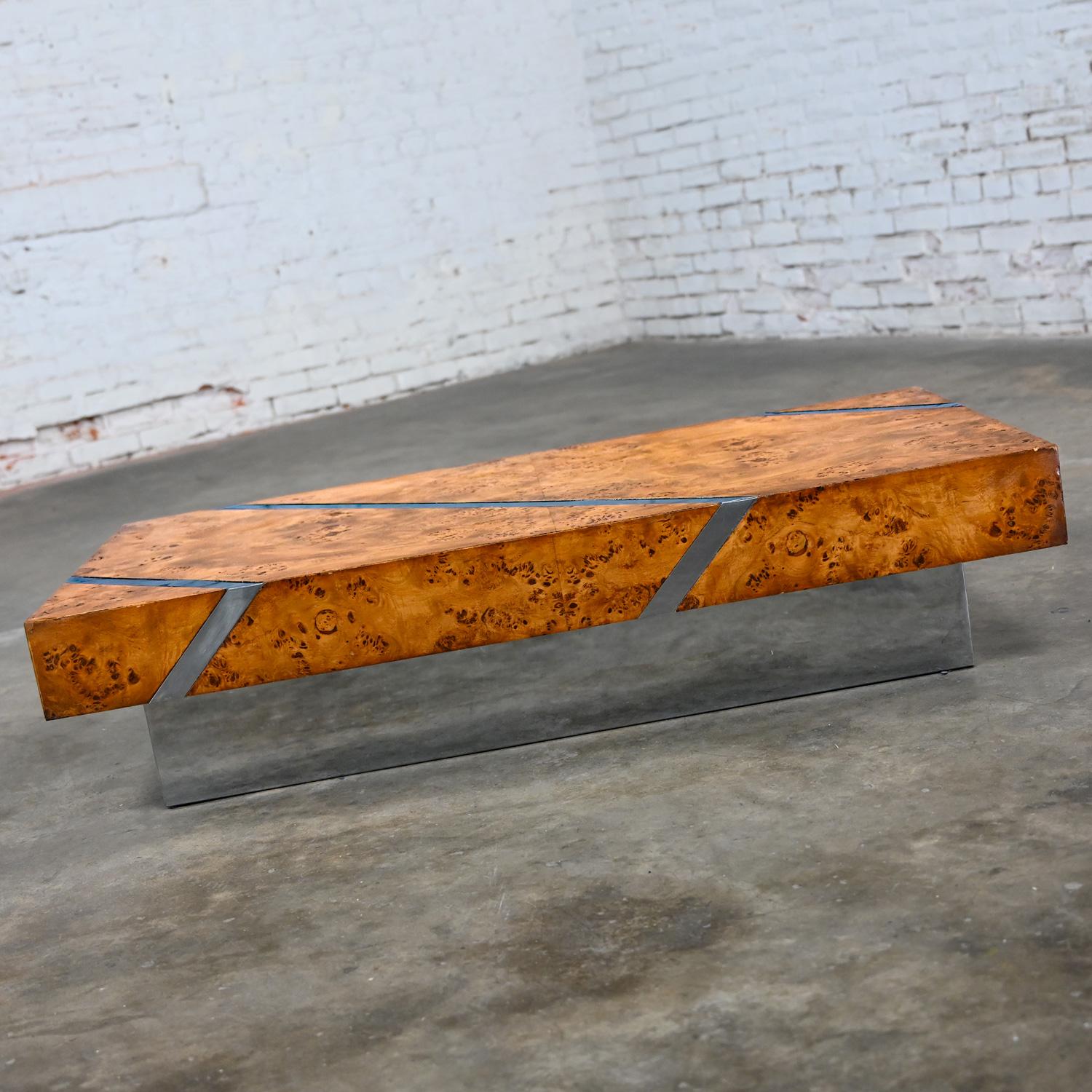 Unknown Modern Burl Chrome & Polished Stainless Steel Floating Coffee Table Plinth Base For Sale