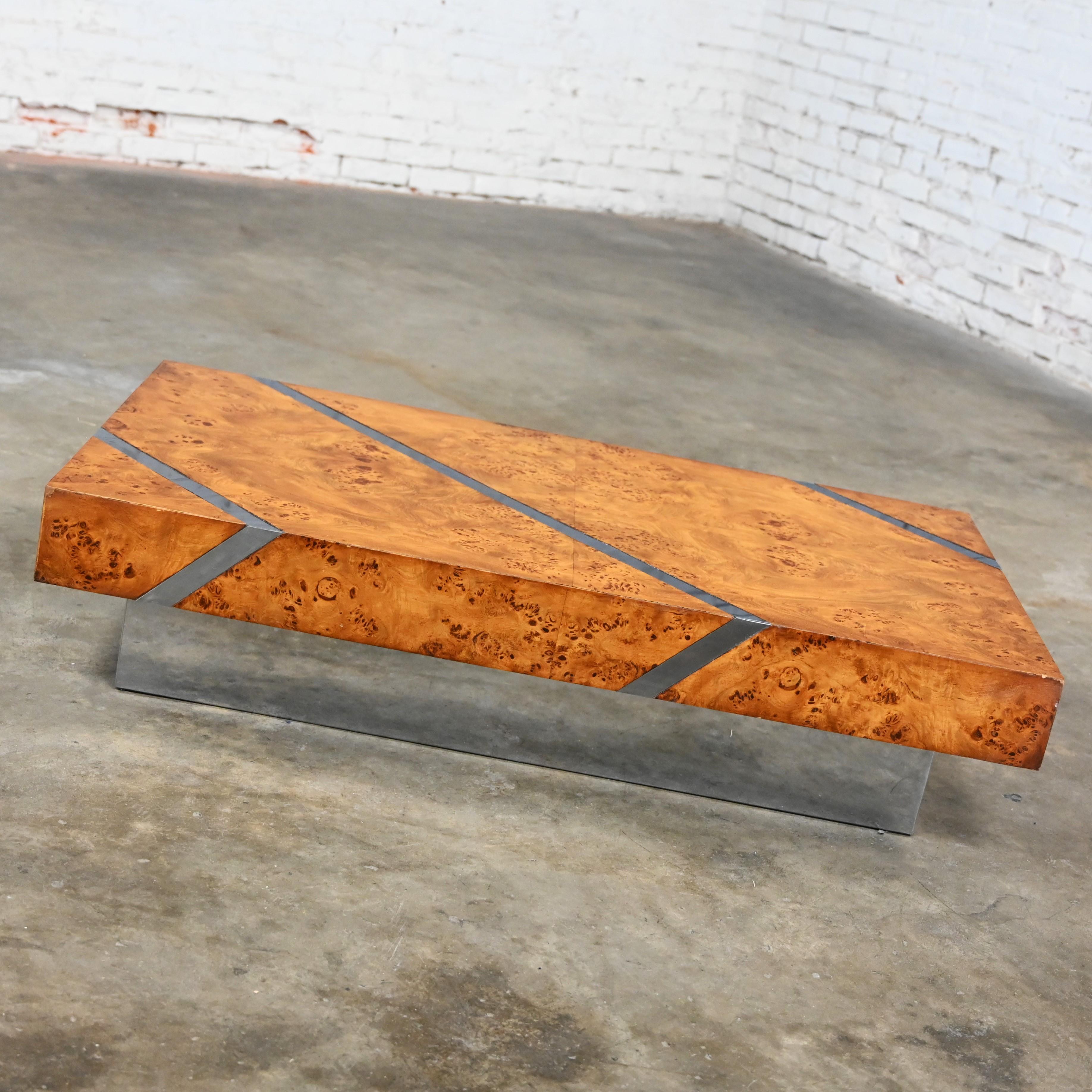 Veneer Modern Burl Chrome & Polished Stainless Steel Floating Coffee Table Plinth Base For Sale