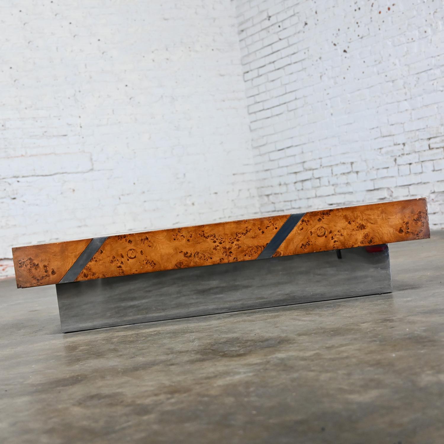 Modern Burl Chrome & Polished Stainless Steel Floating Coffee Table Plinth Base In Good Condition For Sale In Topeka, KS