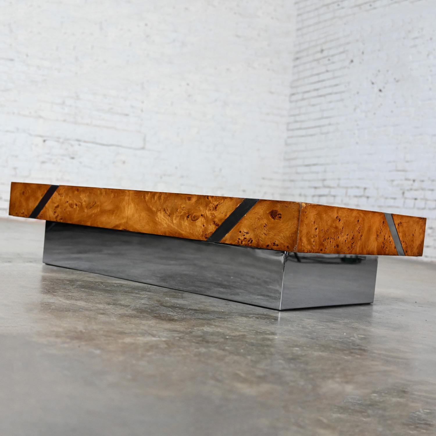 20th Century Modern Burl Chrome & Polished Stainless Steel Floating Coffee Table Plinth Base For Sale