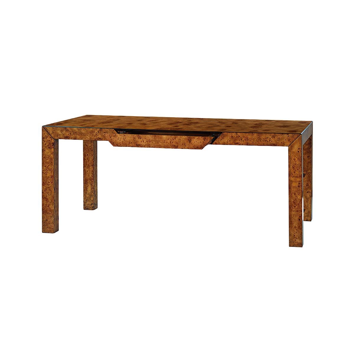 Table de salle à manger moderne en bois de ronce, avec des pieds de style Parsons, un tiroir, une finition 