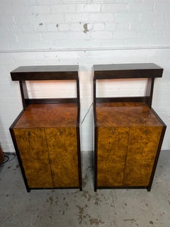 Modern Burl Olive Bed-side Tables w/ built in lamps Milo Baughman for Century