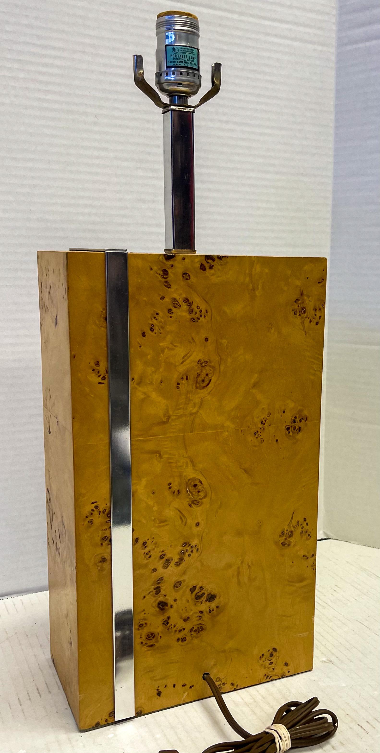 American Modern Burl Wood and Chrome Milo Baughman Style Table Lamp For Sale