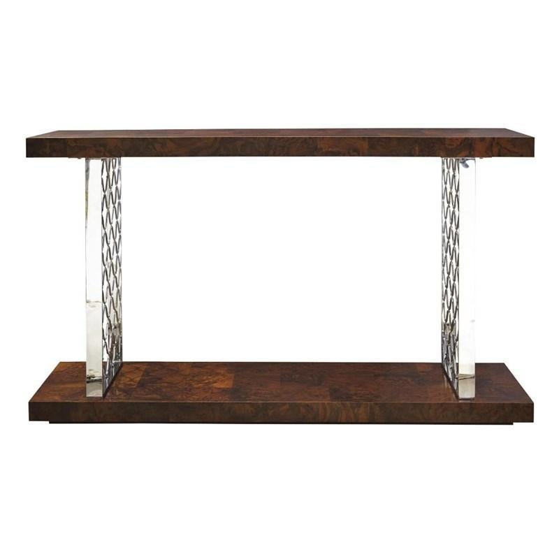 Listed is a stunning, modern burl wood console table. The table is handcrafted from walnut veneers in a burl wood finish. Rests on polished chrome legs with a quatrefoil design.

Detailed dimensions: 18