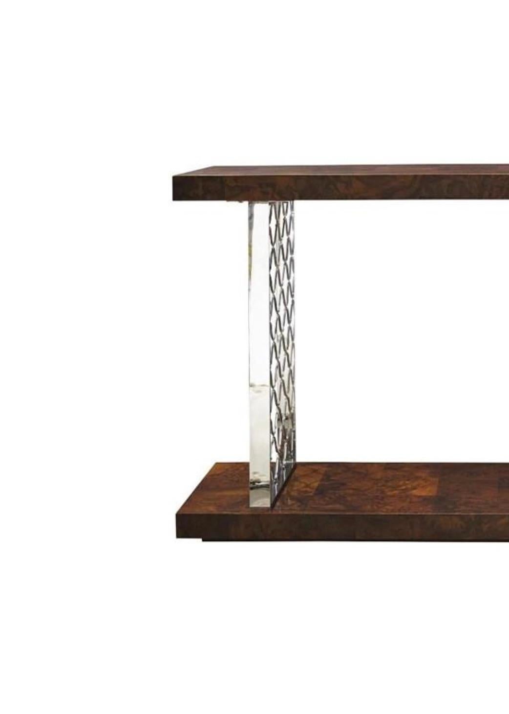 Modern Burl Wood Console Table with Polished Chrome Legs In Good Condition In Richmond, VA