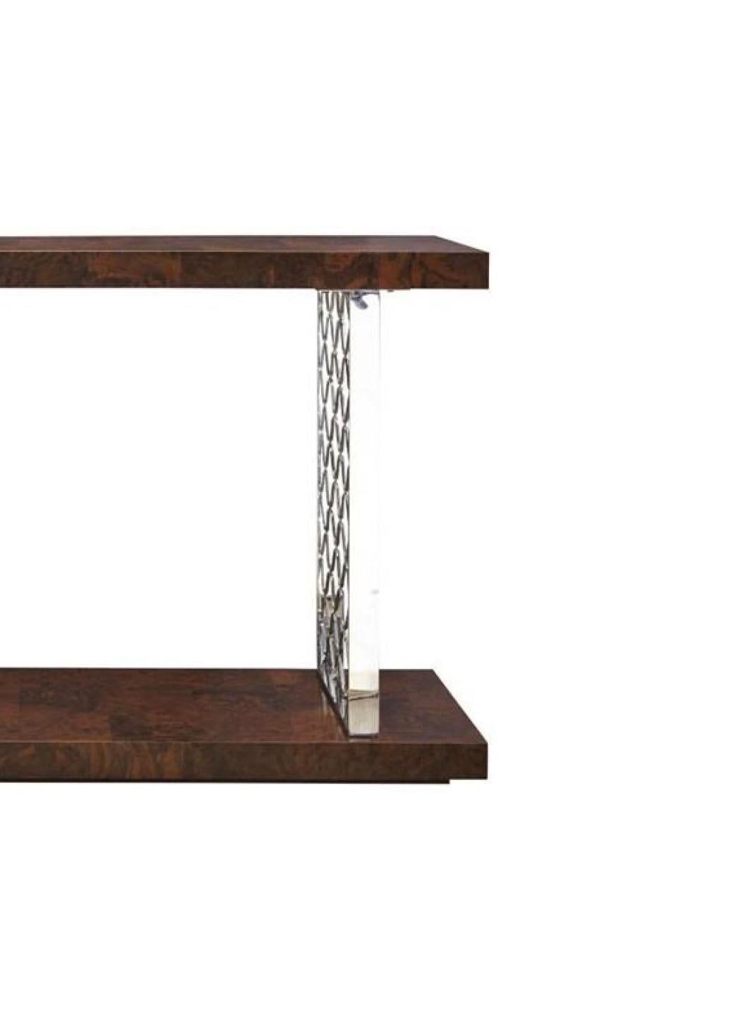 Contemporary Modern Burl Wood Console Table with Polished Chrome Legs