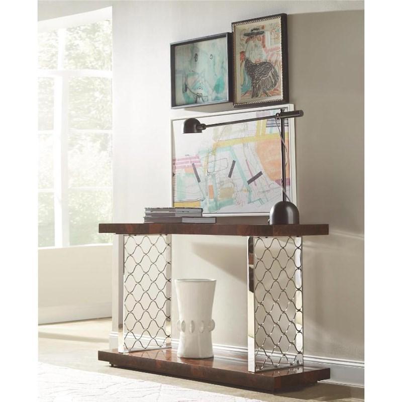 Modern Burl Wood Console Table with Polished Chrome Legs 2