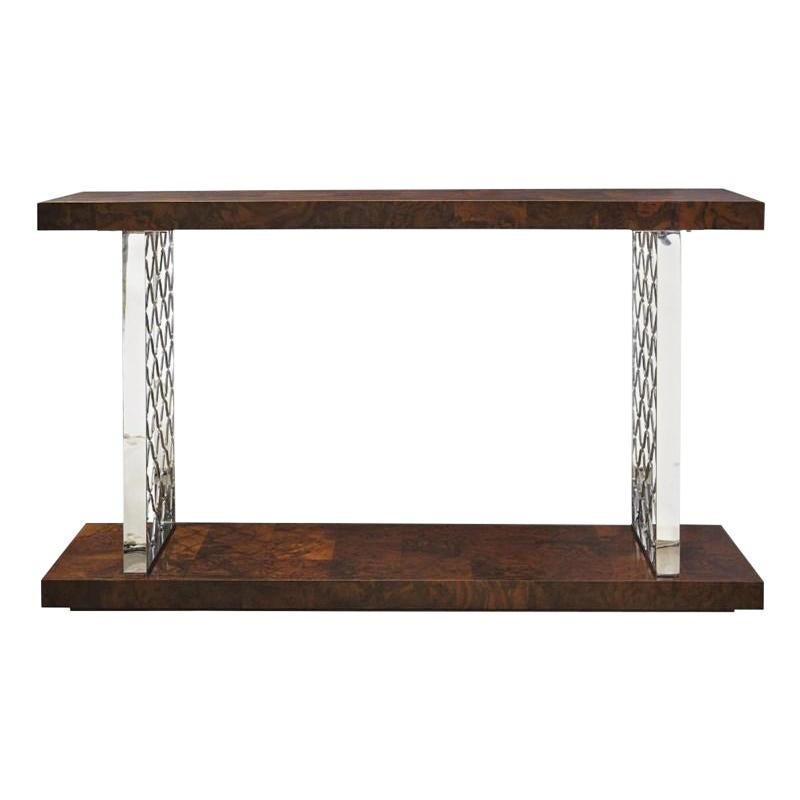 Modern Burl Wood Console Table with Polished Chrome Legs