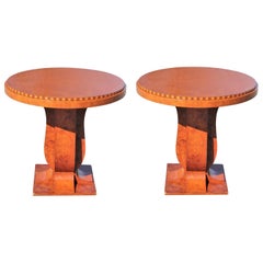 Modern Burl Wood Inlaid French Art Deco Style Pair of Round Side Tables