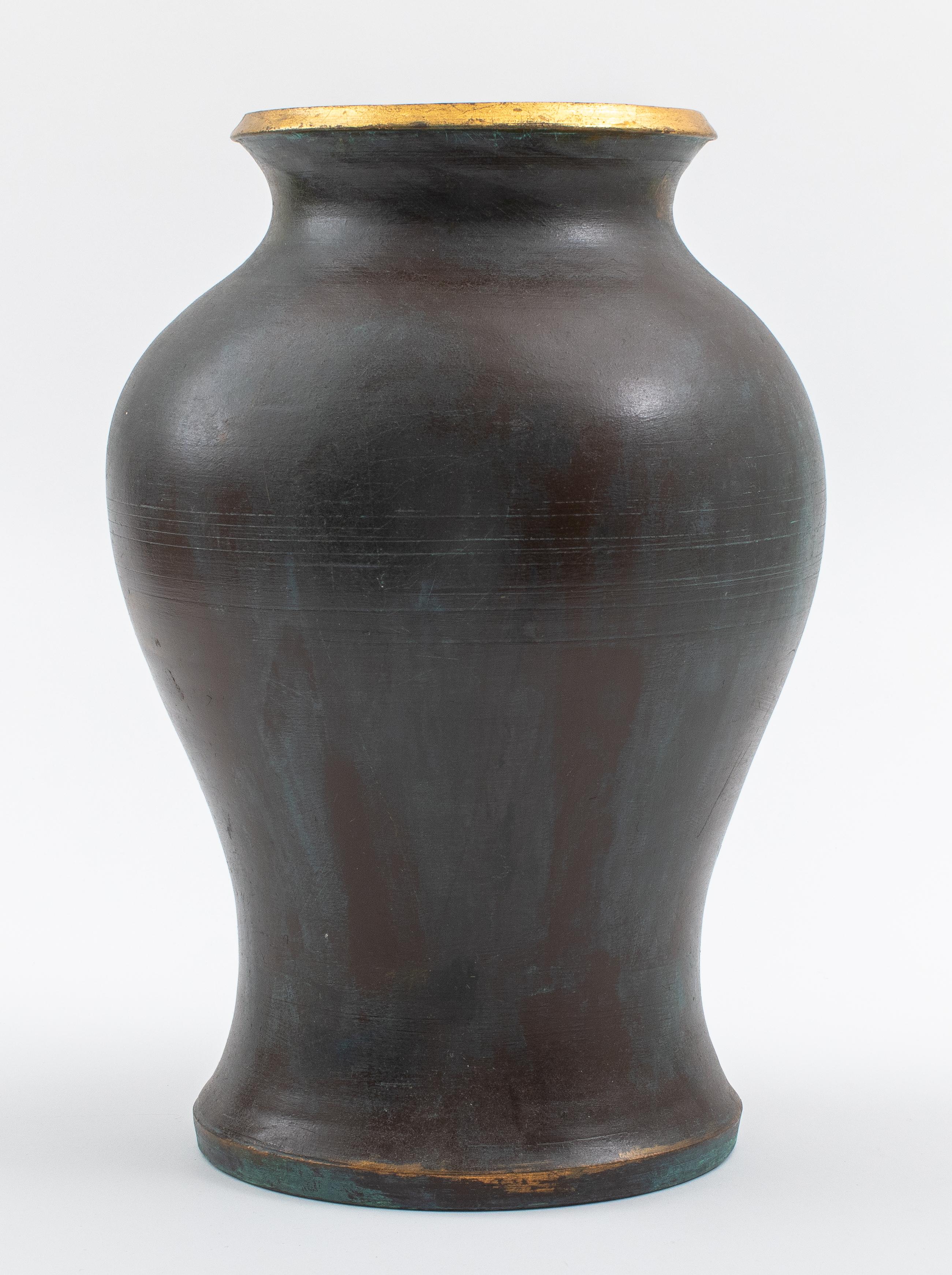 Modern Burts Cason, Inc. (Baton Rouge, Louisiana, XX) studio art pottery ceramic vase with a brown blue glaze and gilt interior and rim, signed 