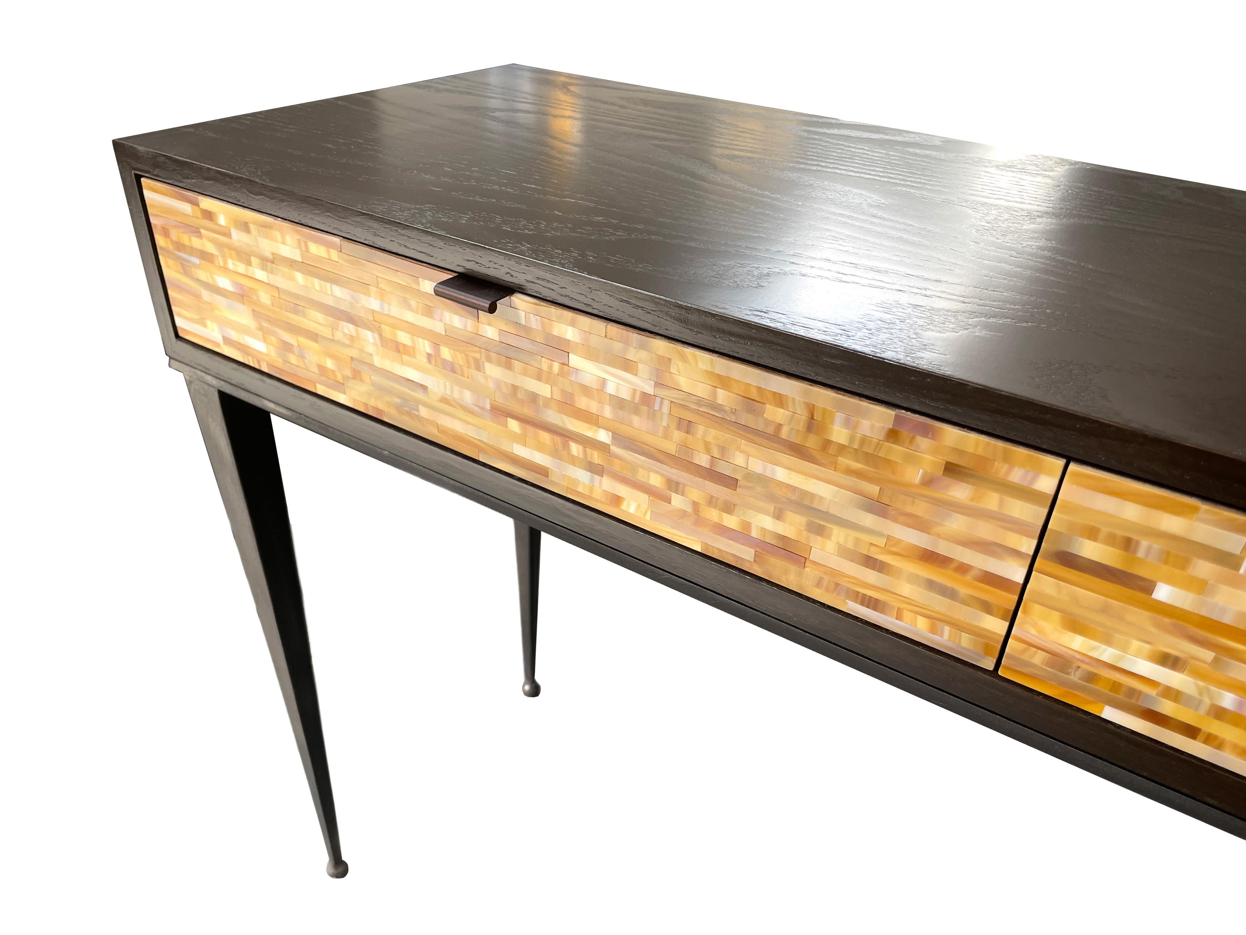 Modern Butterscotch Mosaic 2-Drawer Desk with Chocolate Oak by Ercole Home In New Condition For Sale In Brooklyn, NY