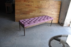Modern Button  Bench Upholstered in Velvet and with Wood Legs