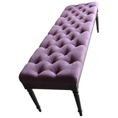 Modern Button  Bench Upholstered in Velvet and with Wood Legs