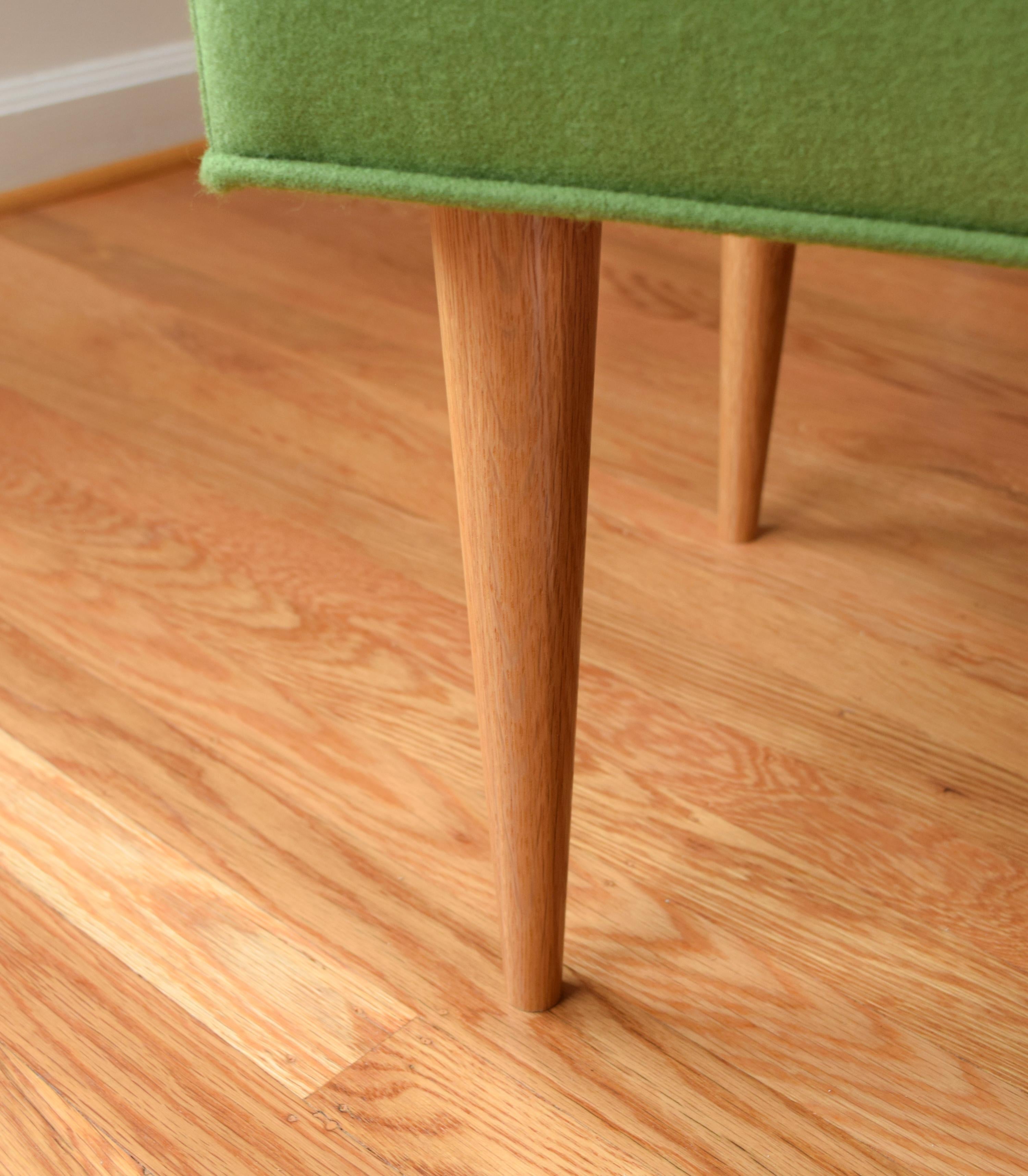 Mid-Century Modern Modern Button Tufted Bench Upholstered in Green with Walnut Spindle Legs For Sale