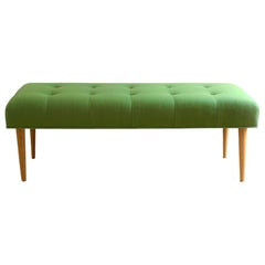 Modern Button Tufted Bench Upholstered in Green with Walnut Spindle Legs