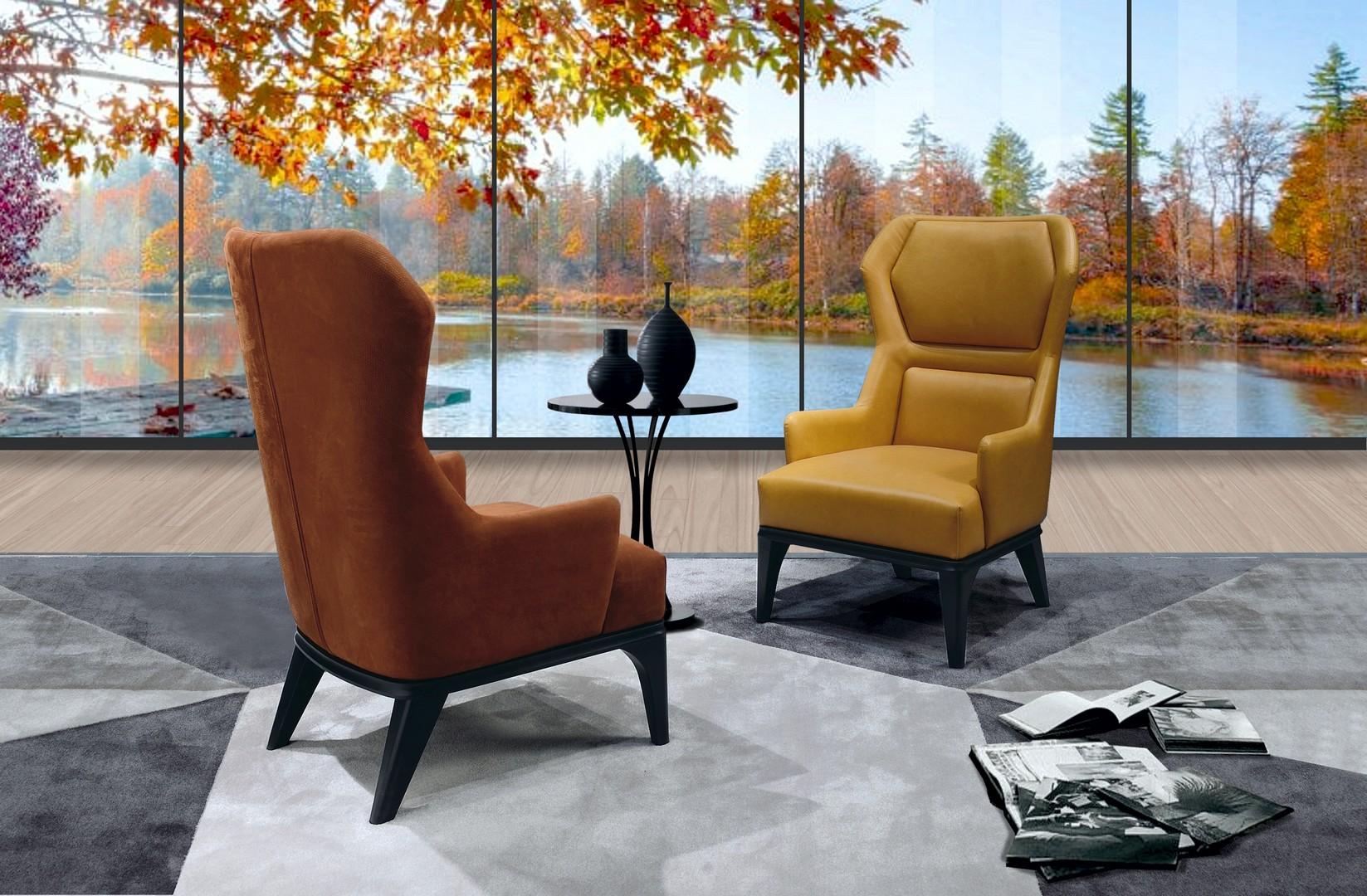 Relax-Sessel aus einer Holzstruktur, die mit Polyurethan in verschiedenen Dichten beschichtet ist. Der Sessel wird durch 