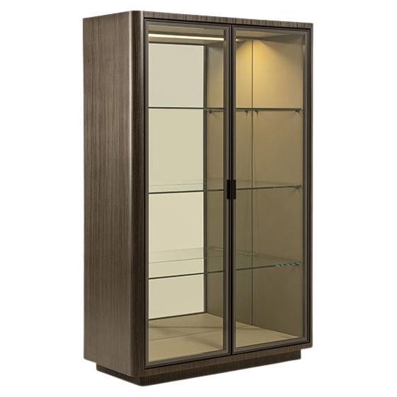 Modern by Giuseppe Carpanelli Dafne glass cabinet in dark Tay and leather inside For Sale
