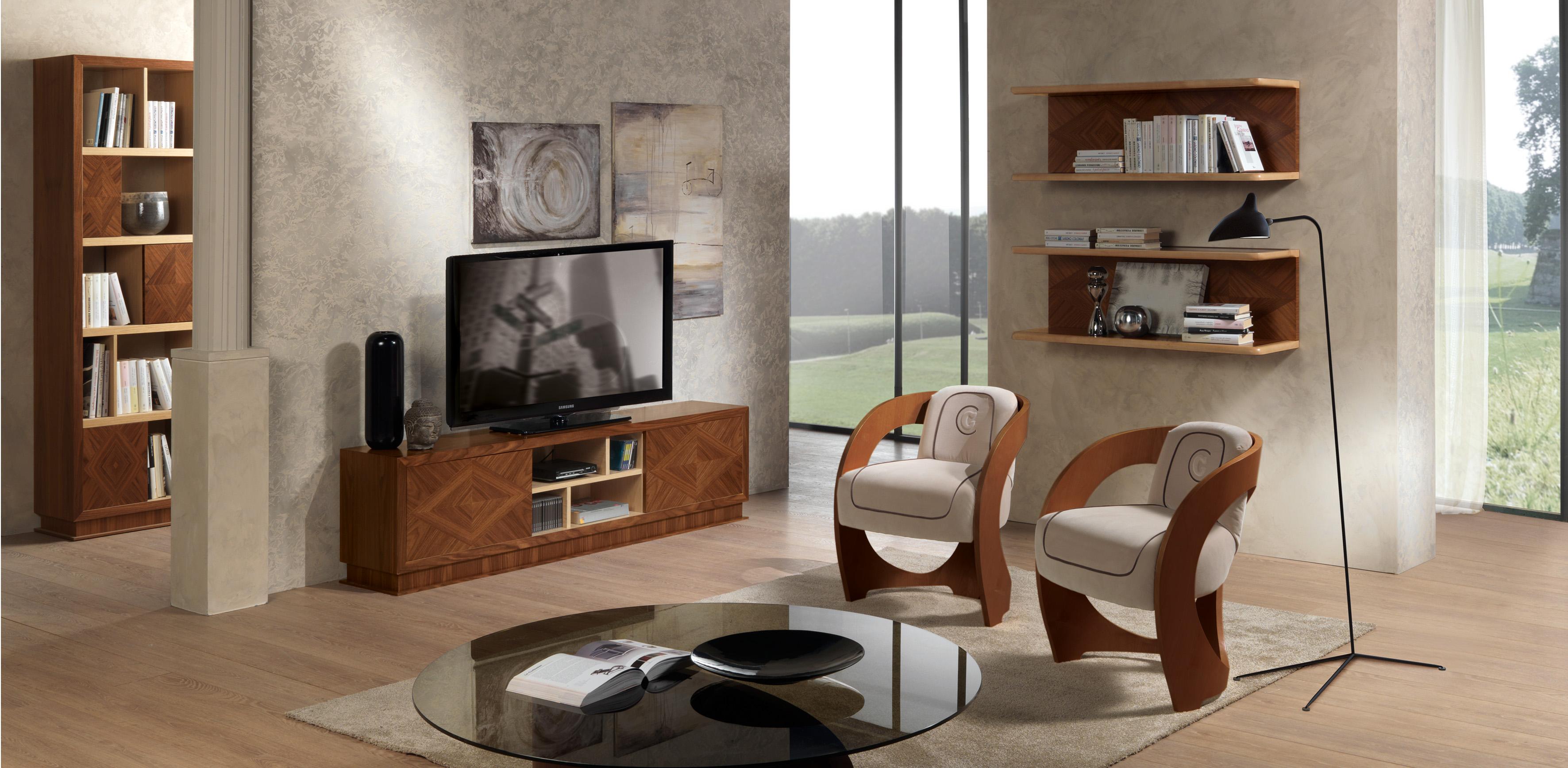 Tv cabinet in Canaletta walnut and natural maple. The doors are embellished by rhombus inlays.