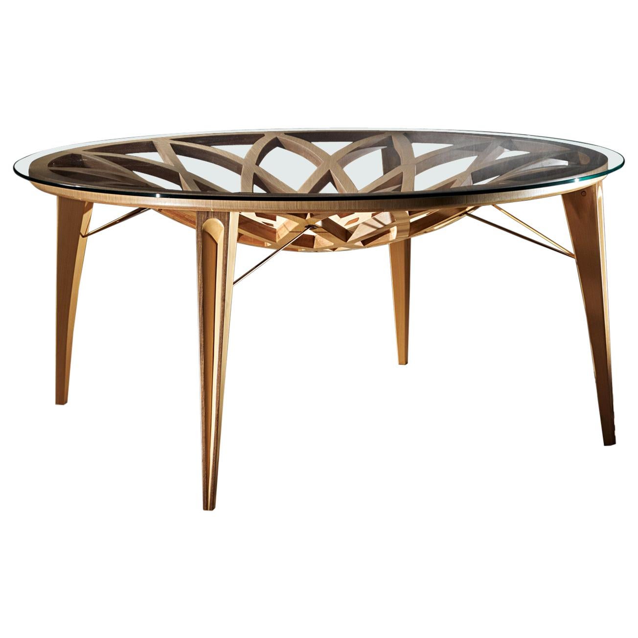 Table de salle à manger ronde Galileo moderne en chêne percé de Giuseppe Carpanelli
