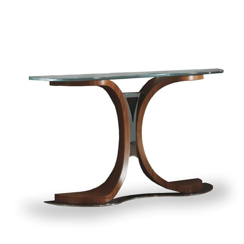 Original consolle with transparent glass top. Structure available in essence of Pama (MB62), dark Sycomoro frisè (MB62B) or Canaletta walnut (MB45). Metal details in satin bronze finish.
