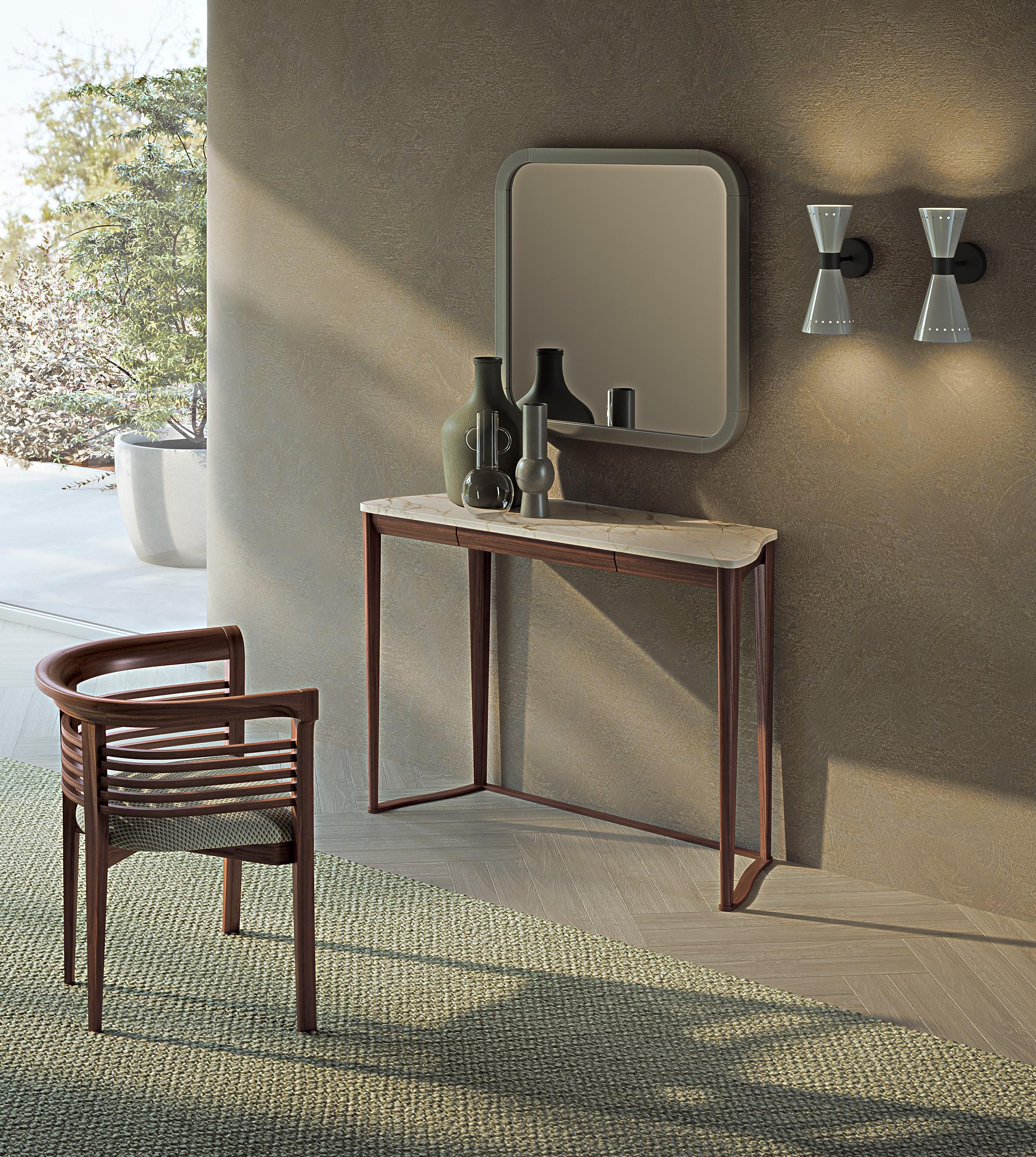 Console covered in dark Tay (MB67) with drawer with push and pull mechanism. Solid wood legs in dark Tay shade. Also available in the Canaletto Walnut version (MB67B). Top in matt gold Calacatta marble, more variants available.