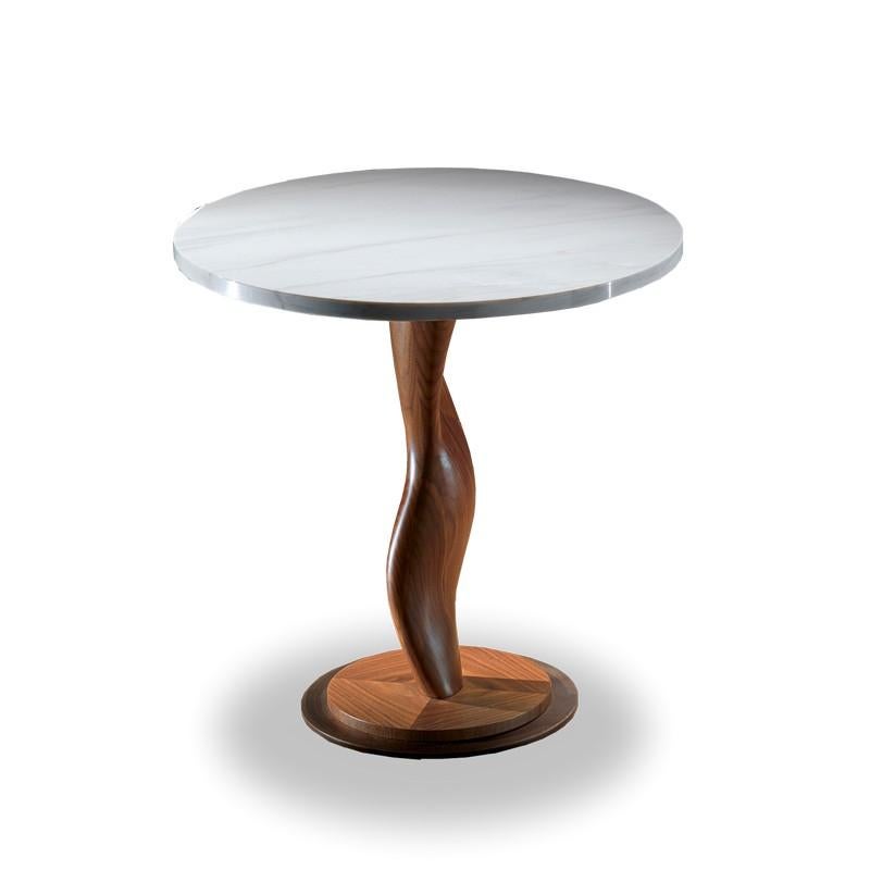 Side table round sofa. Central leg in walnut. The top is available in bronzed glass (TL42) in transparent glass (TL42) and in marble (TL42B). The base is in metal available in satin bronze finish (ME03).