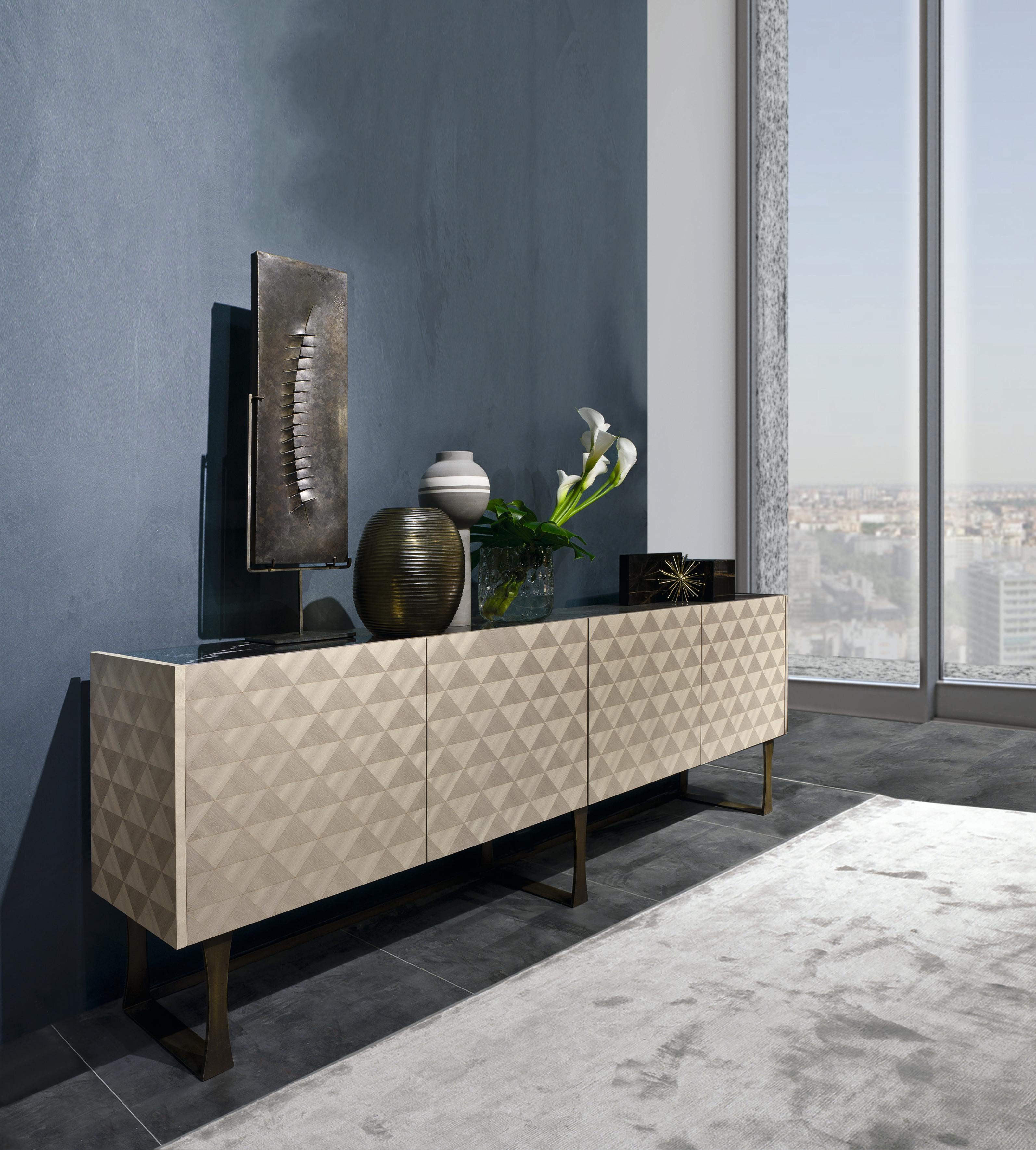 Contemporary Modern by Giuseppe Carpanelli Square Inlaid Sideboard with glass top For Sale