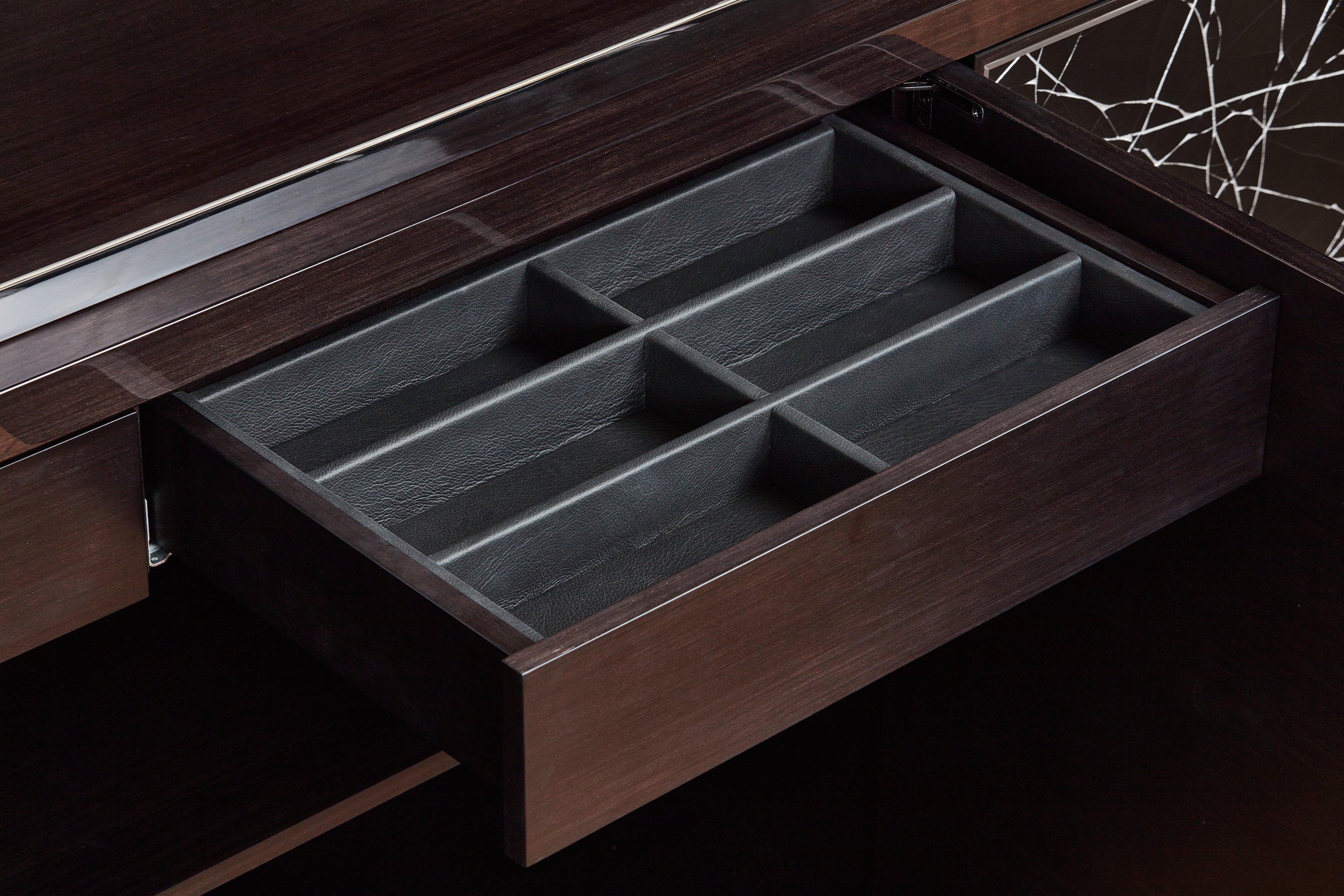 Stainless Steel Modern Cabinet in Stained Oak Veneer with Black Artisan Panels, Available Now For Sale