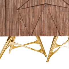 Modern Cabinet With Geometric Surface Wood Structure & Gold Polished Brass Legs