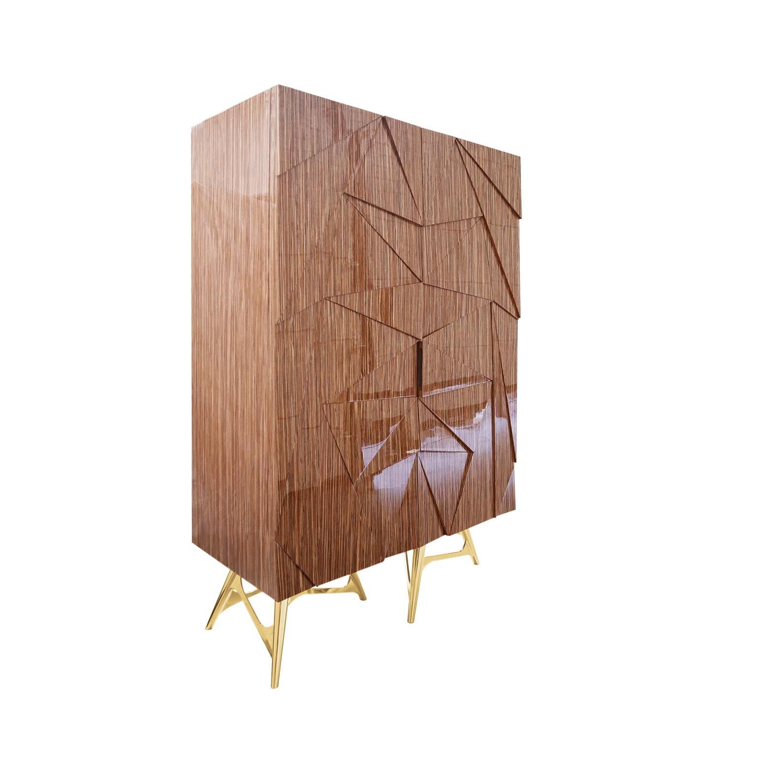 Portuguese Modern Cabinet With Geometric Surface Wood Structure & Gold Polished Brass Legs For Sale