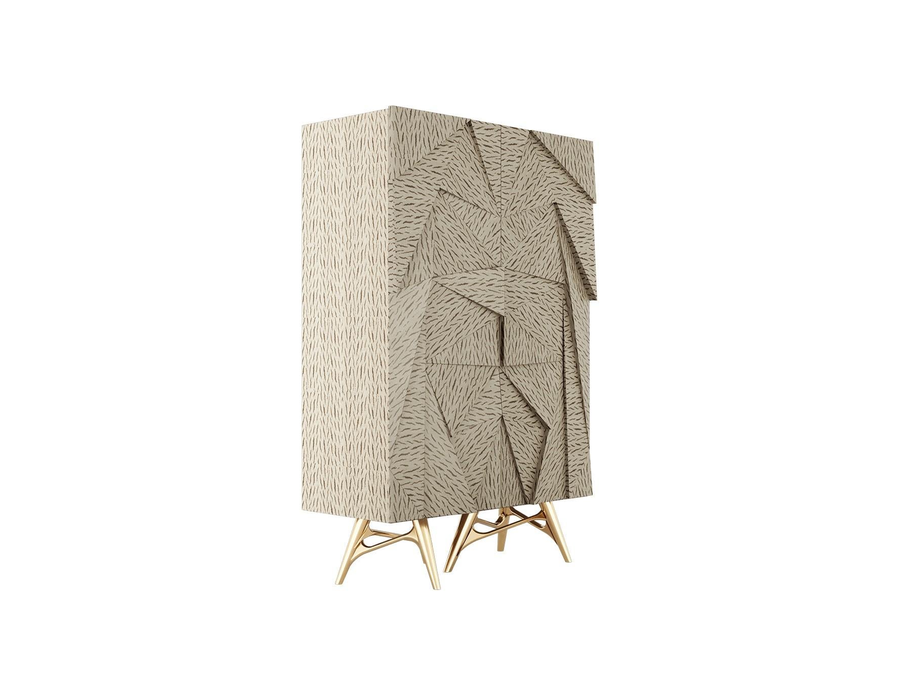 Veneer Modern Cabinet With Geometric Surface, Wood Structure & Gold Polished Brass Legs For Sale