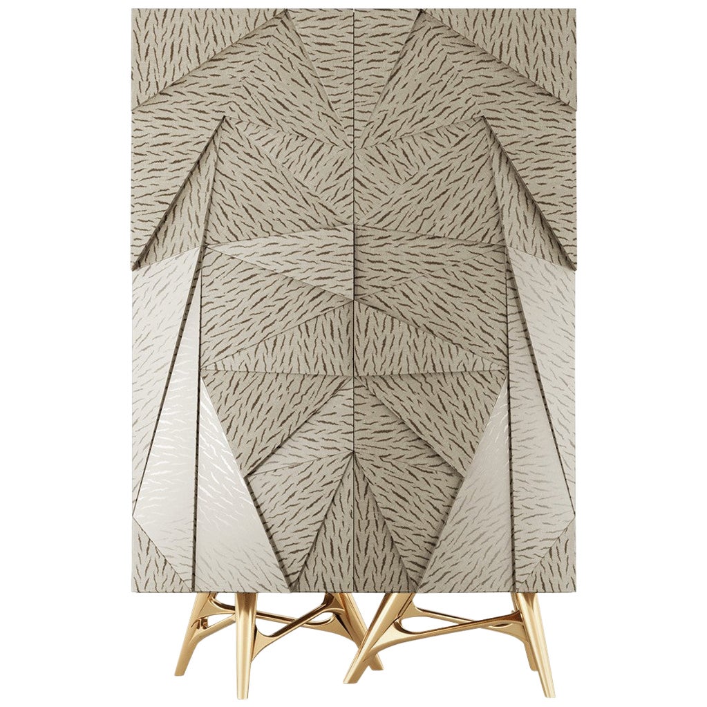 Modern Cabinet With Geometric Surface, Wood Structure & Gold Polished Brass Legs For Sale