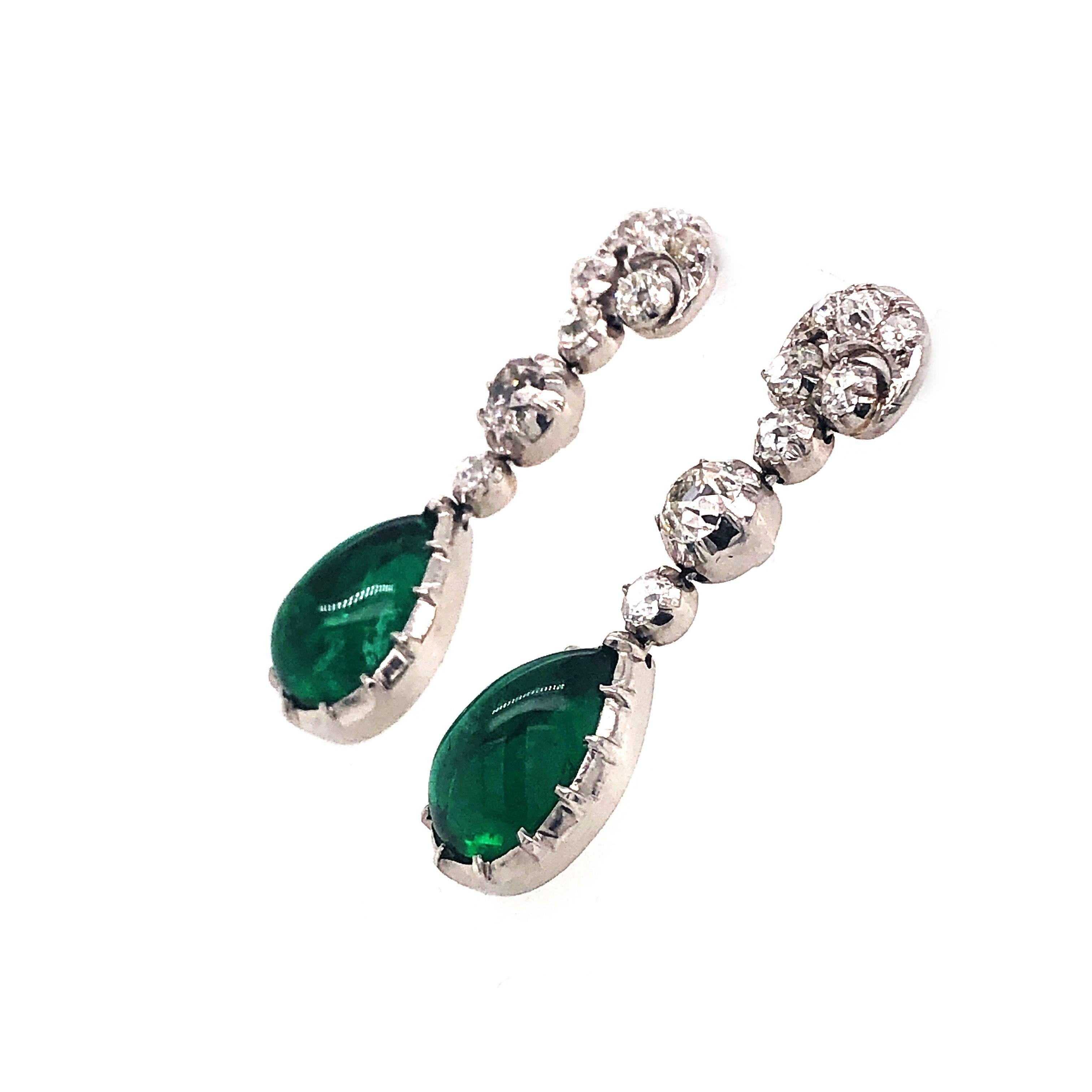 Women's or Men's Modern Cabochon Emerald, Diamond and Platinum Earrings