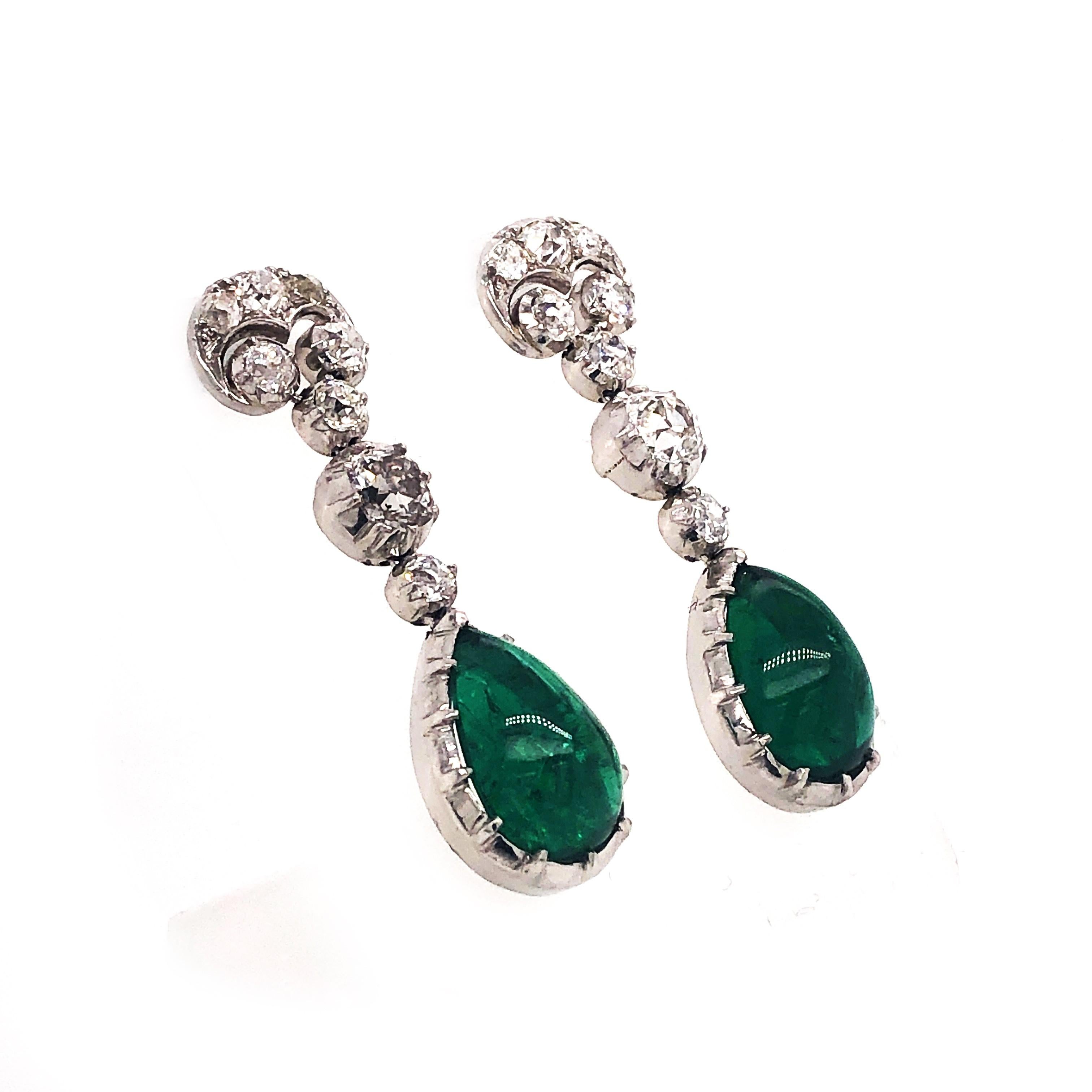 Modern Cabochon Emerald, Diamond and Platinum Earrings 1