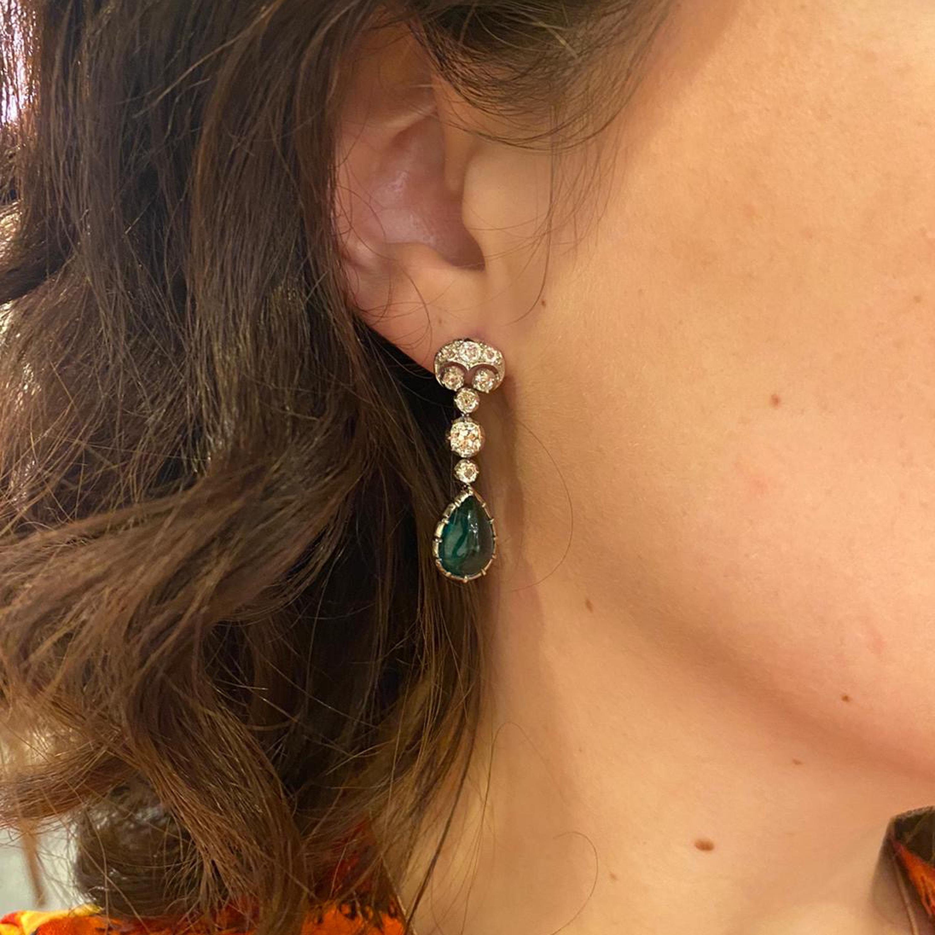 Modern Cabochon Emerald, Diamond and Platinum Earrings 2