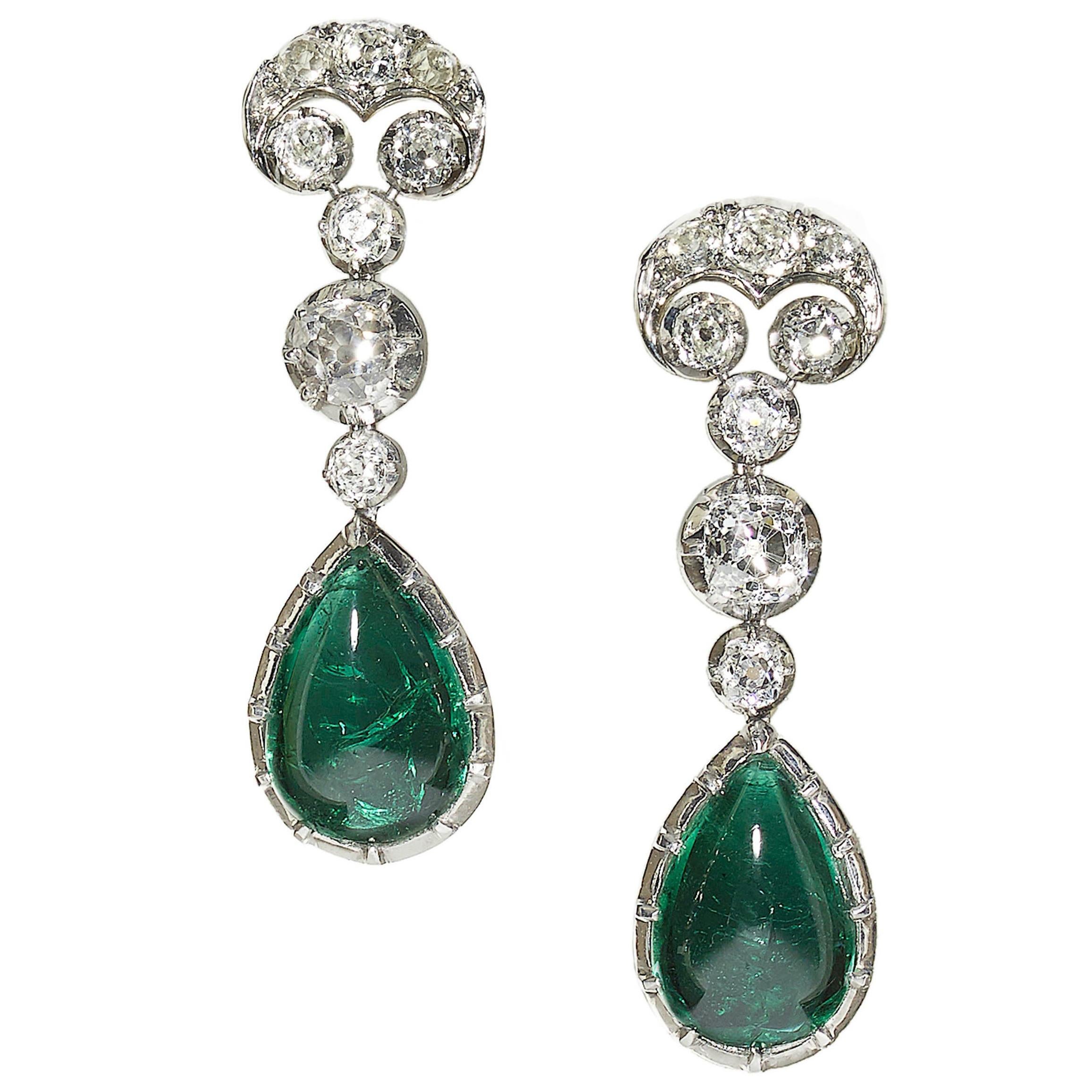 Modern Cabochon Emerald, Diamond and Platinum Earrings