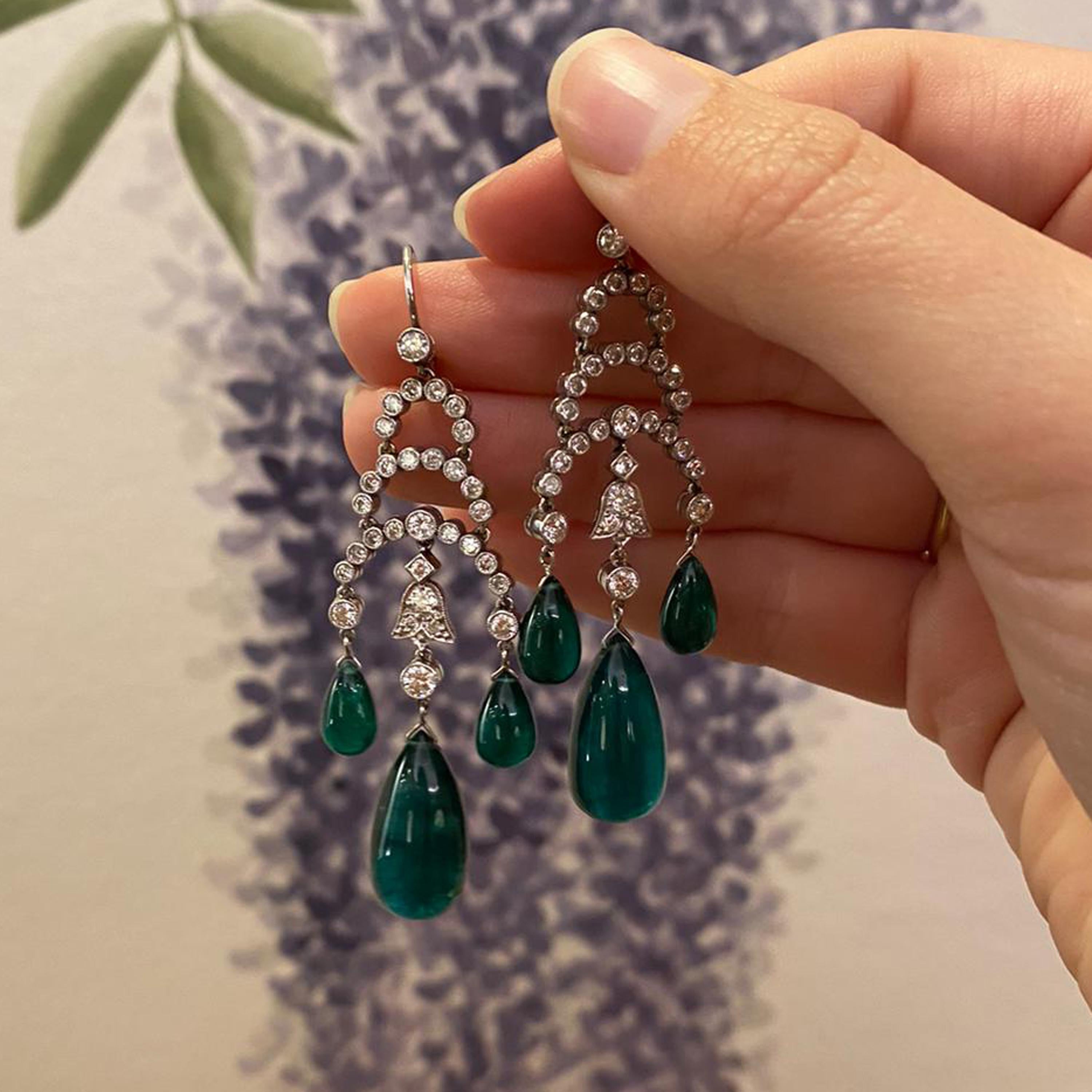 Modern Cabochon Emerald, Diamond and White Gold Drop Earrings 1