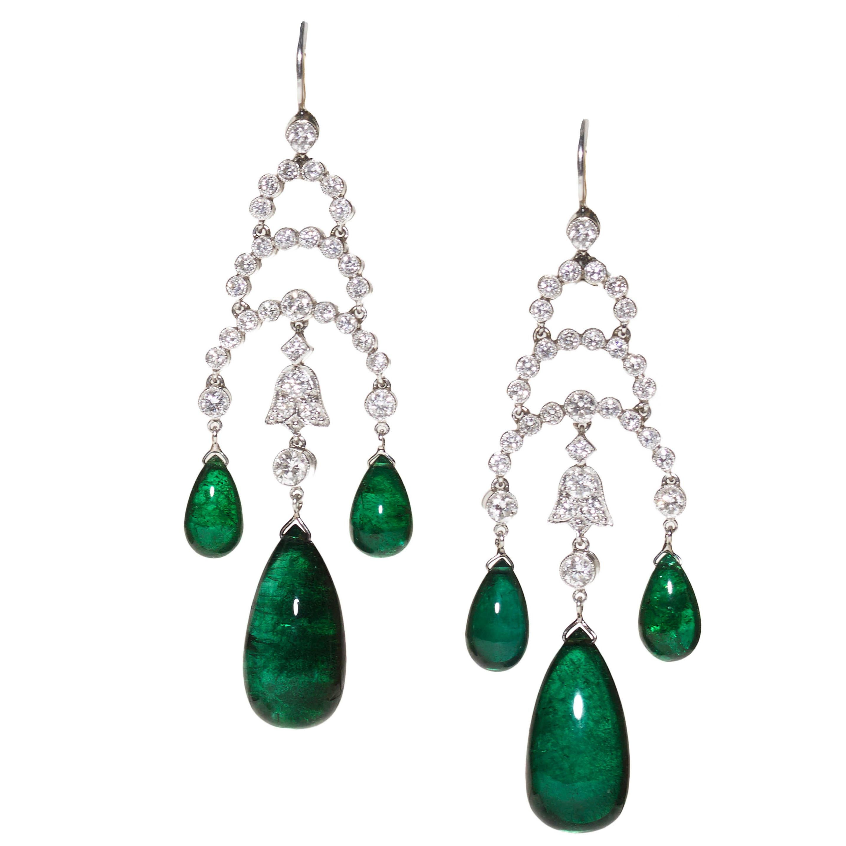 Modern Cabochon Emerald, Diamond and White Gold Drop Earrings