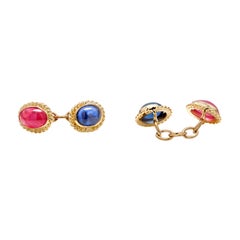 Modern Cabochon Sapphire and Ruby Gents Double Sides Chain Link Cufflinks, Pair