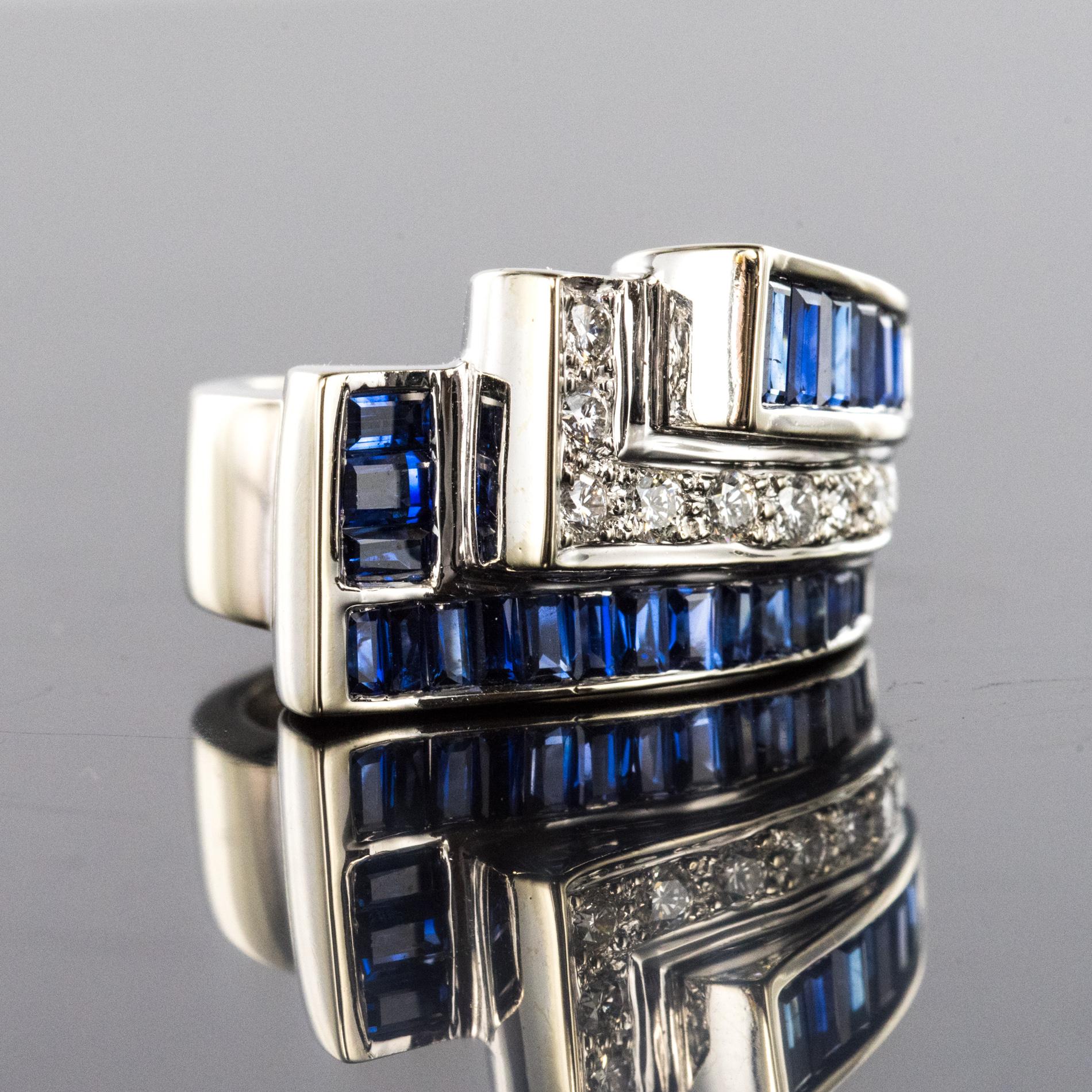 Modern Calibrated Sapphire Diamonds 18 Karat White Gold Art Deco Style Ring 5