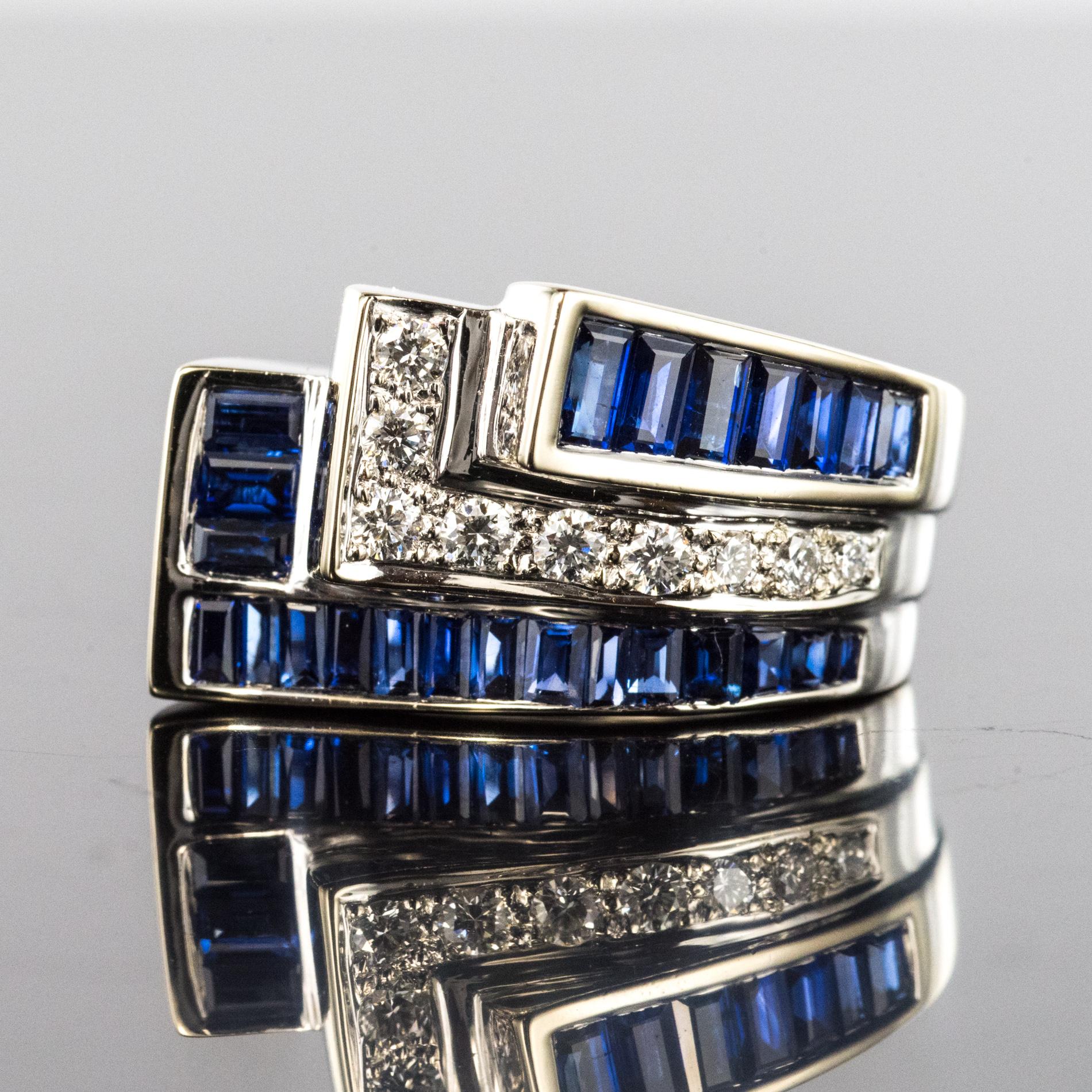 Modern Calibrated Sapphire Diamonds 18 Karat White Gold Art Deco Style Ring 8