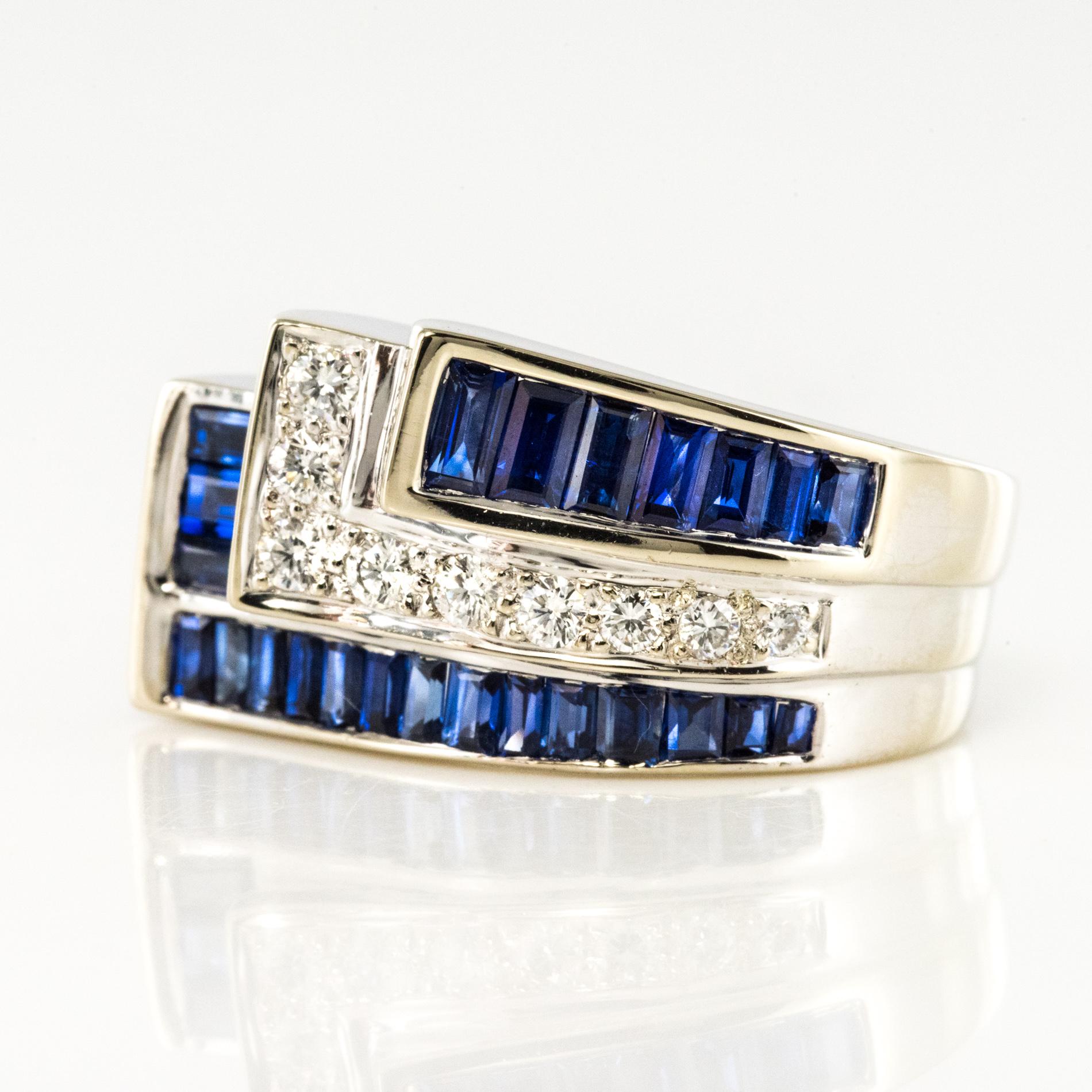 Brilliant Cut Modern Calibrated Sapphire Diamonds 18 Karat White Gold Art Deco Style Ring