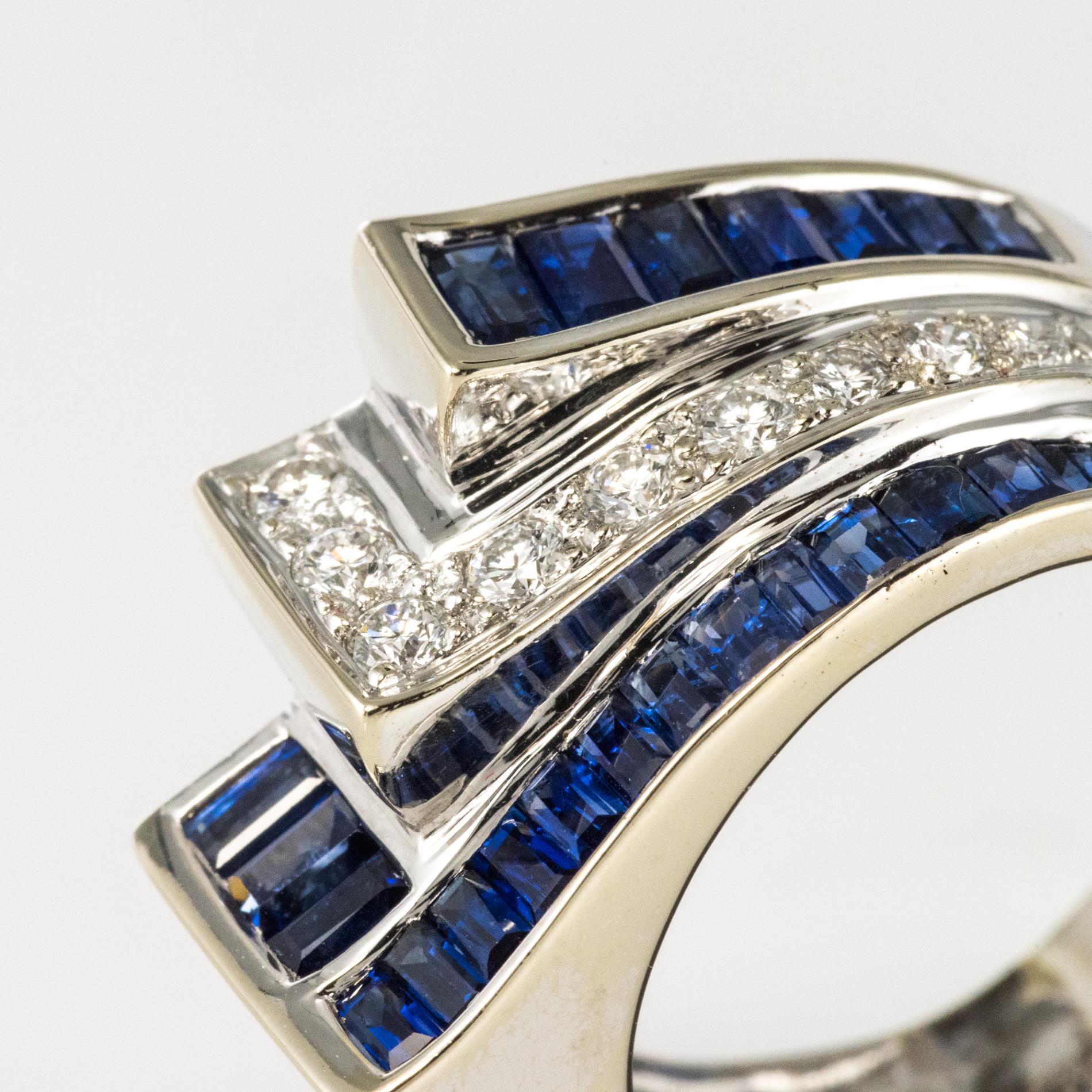 Women's Modern Calibrated Sapphire Diamonds 18 Karat White Gold Art Deco Style Ring