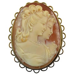 Modern Cameo Brooch, Carved with Reflection, Yellow Gold