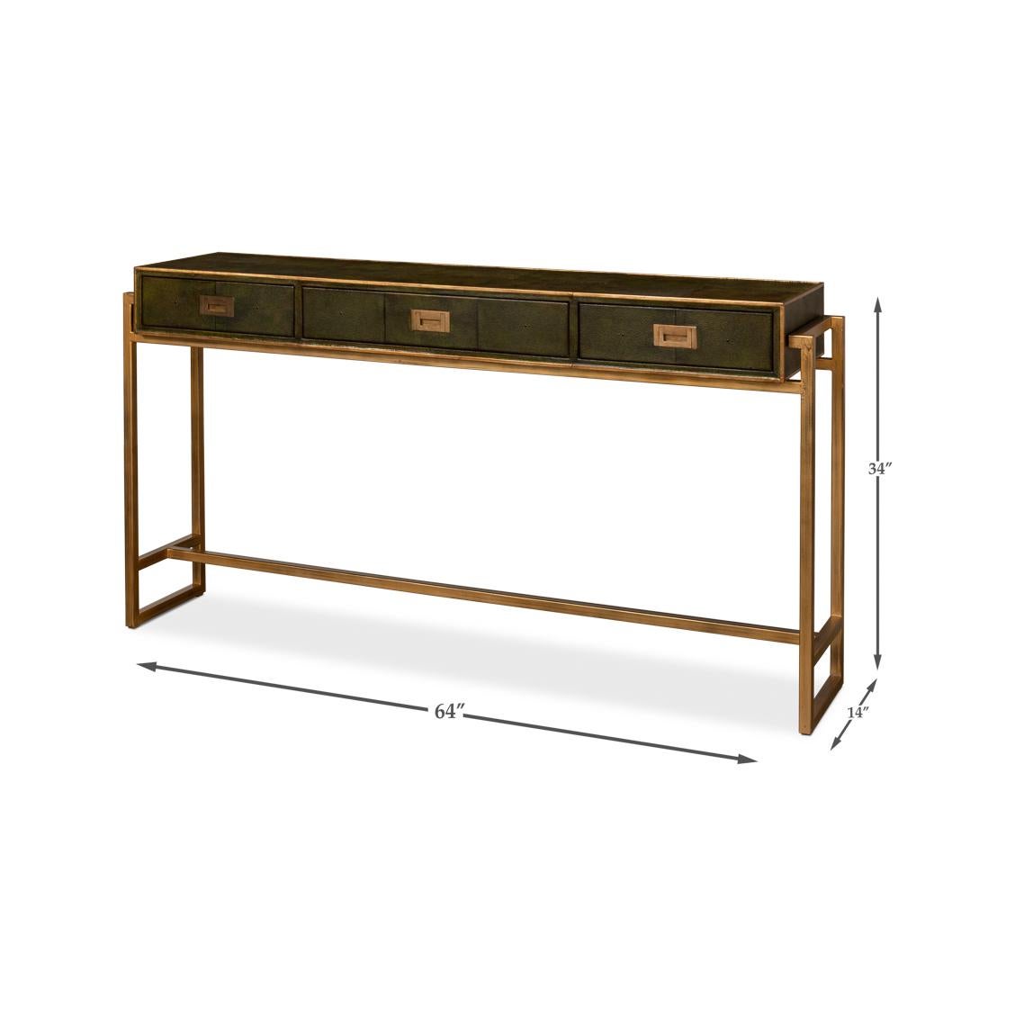 Modern Campaign Green Leather Wrapped Console Table For Sale 4