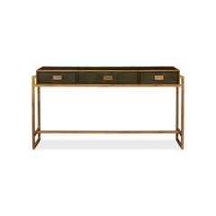 Modern Campaign Green Leather Wrapped Console Table