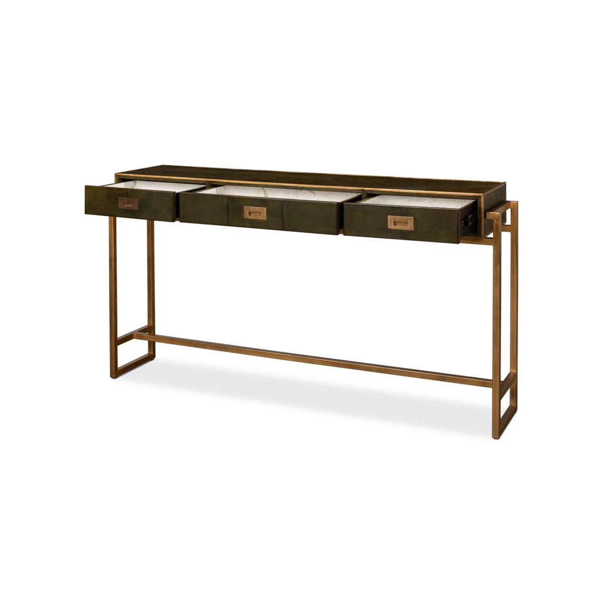 Asian Modern Campaign Green Leather Wrapped Console Table For Sale